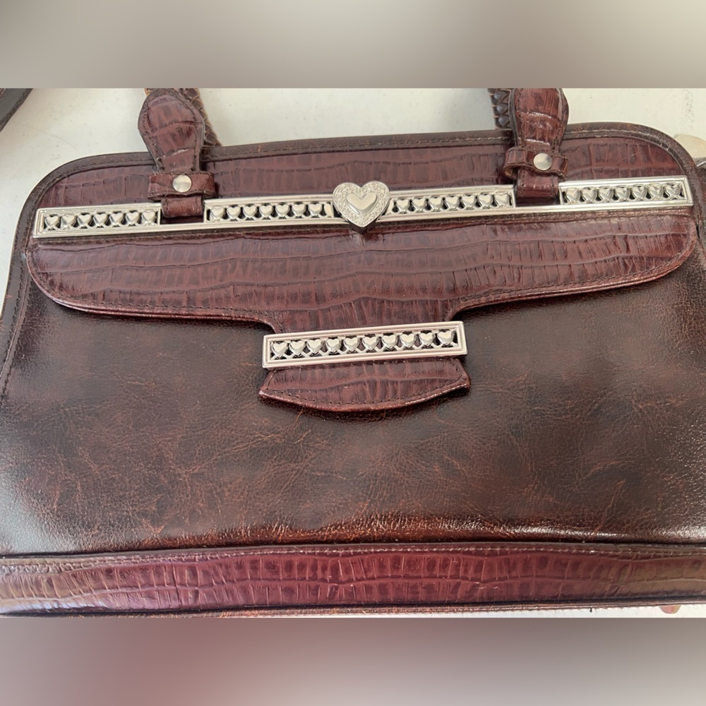 VINTAGE BROWN LEATHER HANDBAG W/SILVER ACCENTS. CROC TEXTURE BRAIDED HANDLES - Picture 9 of 10